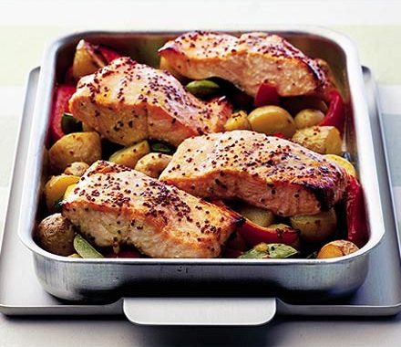 Sweet mustard salmon with garlicky veg recipe