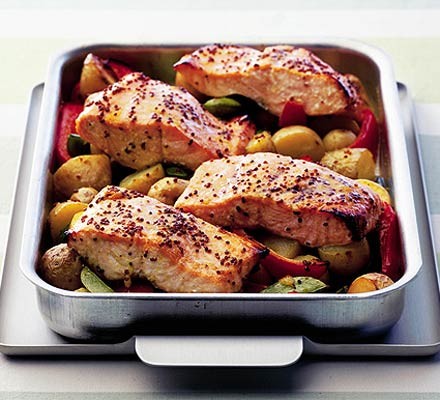 Sweet mustard salmon with garlicky veg recipe 