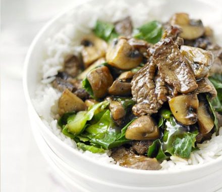 Beef, mushroom & greens stir-fry recipe