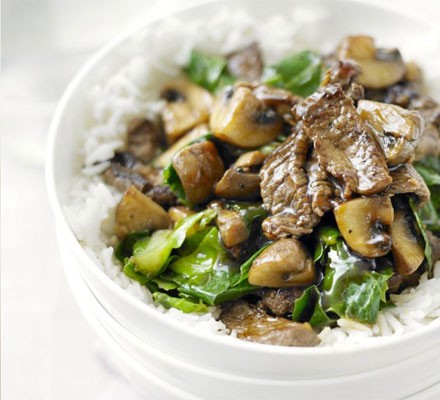 Beef, mushroom & greens stir-fry recipe 