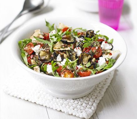Roast aubergine with goat's cheese & toasted flatbread recipe