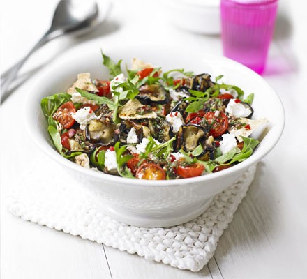 Roast aubergine with goat's cheese & toasted flatbread recipe 
