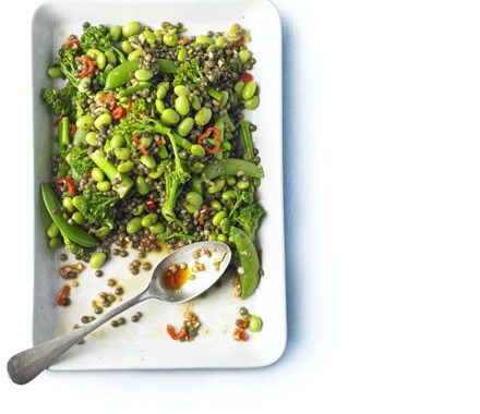 Puy lentil salad with soy beans, sugar snap peas & broccoli recipe