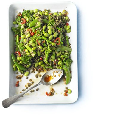 Puy lentil salad with soy beans, sugar snap peas & broccoli recipe 