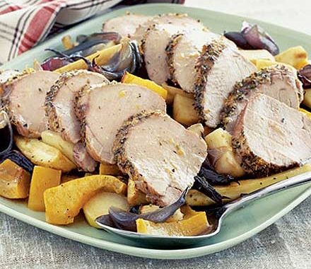 Herbed pork fillet with roast vegetables recipe
