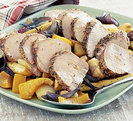 Herbed pork fillet with roast vegetables recipe 
