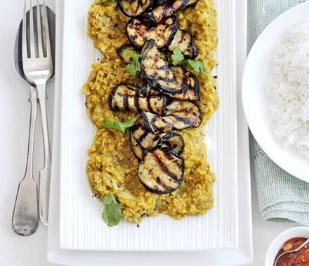 Sweet & sour lentil dhal with grilled aubergine recipe