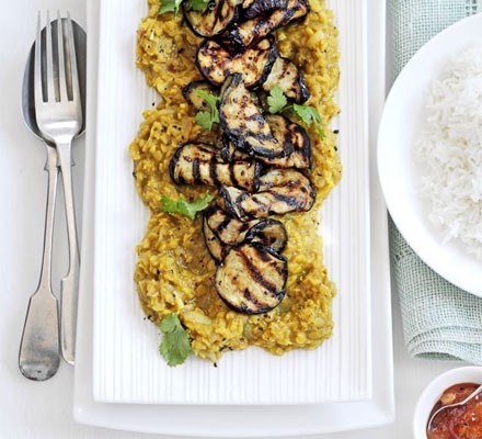 Sweet & sour lentil dhal with grilled aubergine recipe 