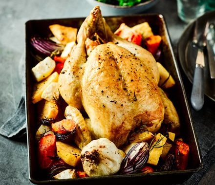 Roast chicken with lemon & rosemary roots recipe