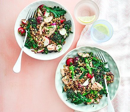 Salmon & purple sprouting broccoli grain bowl recipe