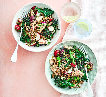 Salmon & purple sprouting broccoli grain bowl recipe 