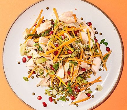 Miso roast salmon, lentil & pomegranate salad recipe