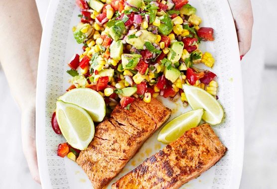 Wild salmon with corn & pepper salsa salad recipe