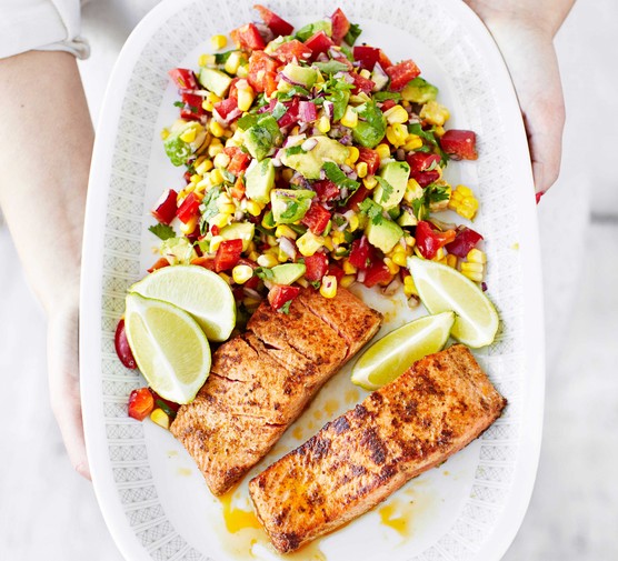 Wild salmon with corn & pepper salsa salad recipe 