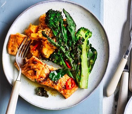 Sesame salmon, purple sprouting broccoli & sweet potato mash recipe