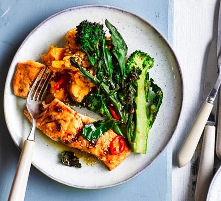 Sesame salmon, purple sprouting broccoli & sweet potato mash recipe 