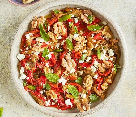 Smoky aubergine & red pepper salad recipe