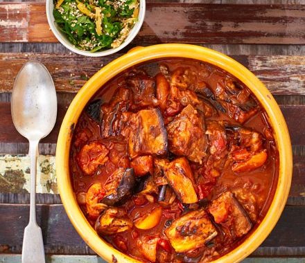 Smoky aubergine tagine with lemon & apricots recipe