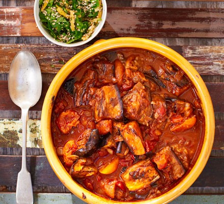 Smoky aubergine tagine with lemon & apricots recipe 