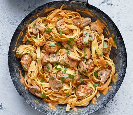 Speedy sausage stroganoff tagliatelle recipe