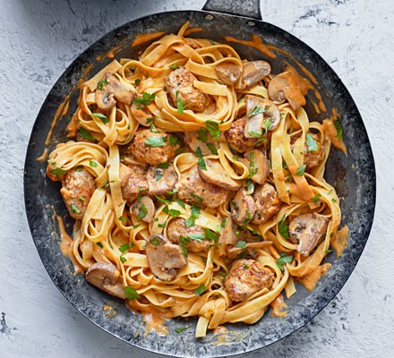Speedy sausage stroganoff tagliatelle recipe 