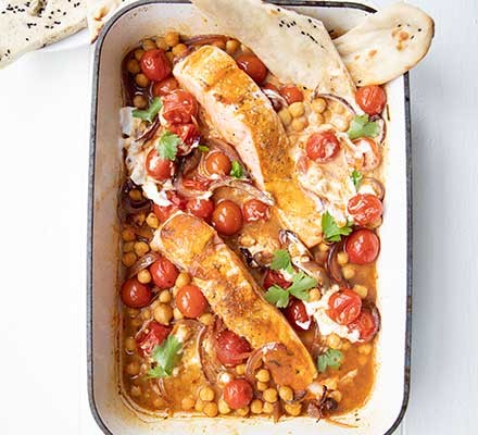 Spiced salmon & tomato traybake recipe 