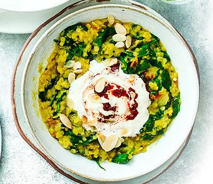 Spinach dhal with harissa yogurt recipe