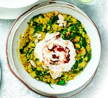Spinach dhal with harissa yogurt recipe 