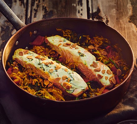 Spinach kedgeree with spiced salmon recipe 