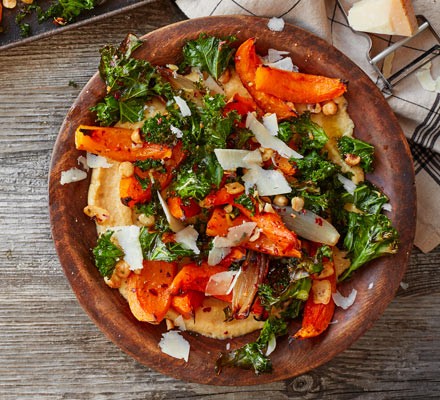 Soft polenta with roast squash, kale & hazelnuts recipe 