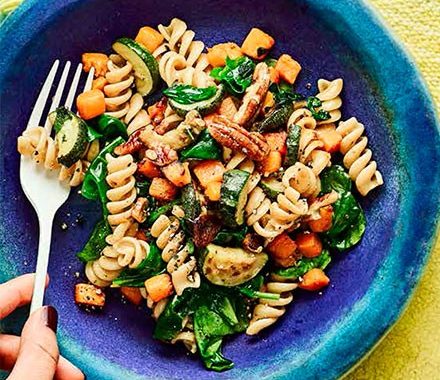 Squash & spinach fusilli with pecans recipe
