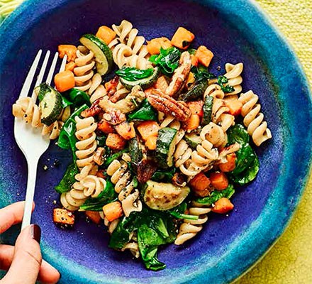 Squash & spinach fusilli with pecans recipe 