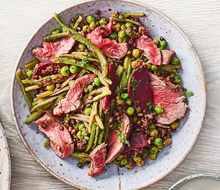 Steak, beetroot, horseradish & warm lentil salad recipe