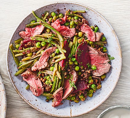 Steak, beetroot, horseradish & warm lentil salad recipe 