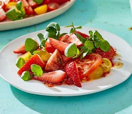 Strawberry, tomato &amp; watercress salad with honey &amp; pink pepper dressing recipe