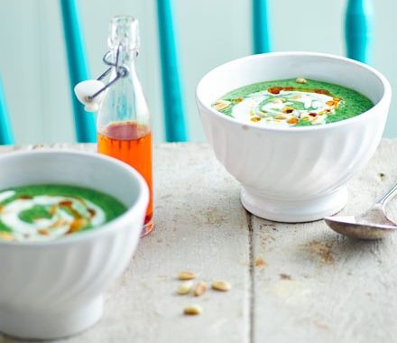 Supergreen soup with yogurt & pine nuts recipe