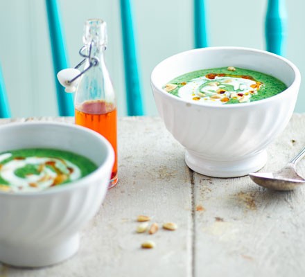 Supergreen soup with yogurt & pine nuts recipe 