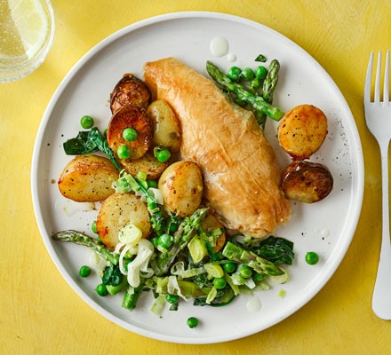 Tarragon roast chicken with summer greens recipe 
