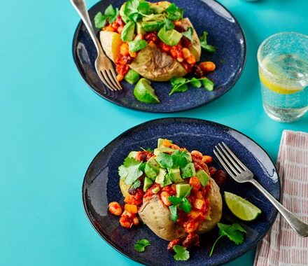 Vegan three-bean chilli with potato jackets recipe