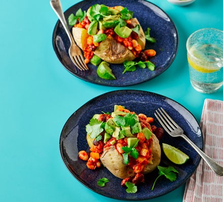 Vegan three-bean chilli with potato jackets recipe 