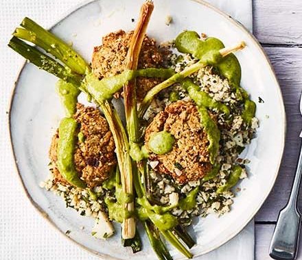 Baked falafel & cauliflower tabbouleh, green tahini sauce & charred spring onions recipe