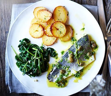 Baked sea bass with lemon caper dressing recipe