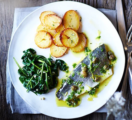 Baked sea bass with lemon caper dressing recipe 