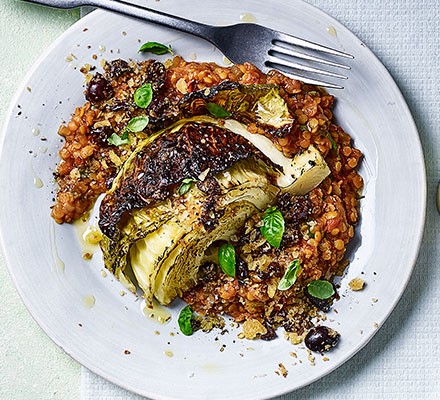 Italian-style roast cabbage wedges with tomato lentils recipe 