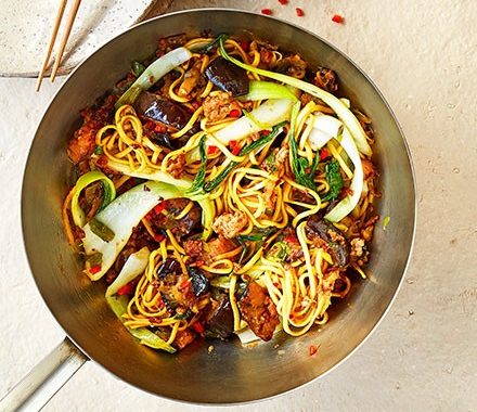 Pork & aubergine noodle stir-fry recipe