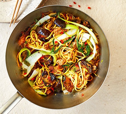 Pork & aubergine noodle stir-fry recipe 