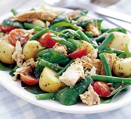 Warm potato & tuna salad with pesto dressing recipe 