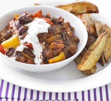 Mixed-bean chilli with wedges recipe 