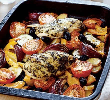 Mediterranean chicken with roasted vegetables recipe 