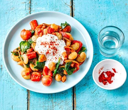 Rustic beans & spinach with garlic yogurt recipe